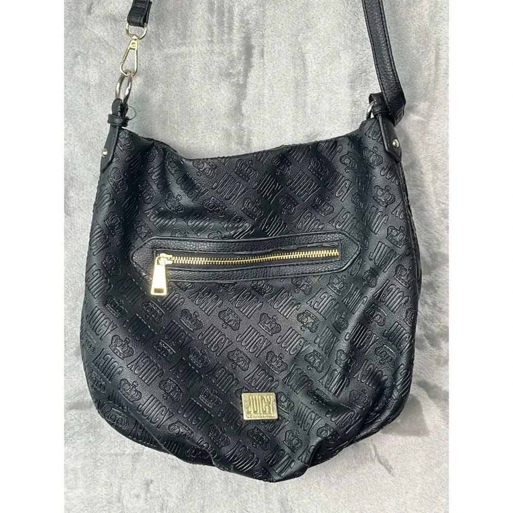 Juicy Couture‎ Black Purse Bag Logo Deboss Crossbody Logo Pockets Zip Y2K